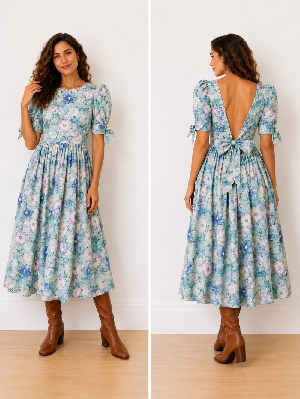 Vintage Expo Petite Size 4 Floral Prairie Dress Puff Sleeve Bow Back